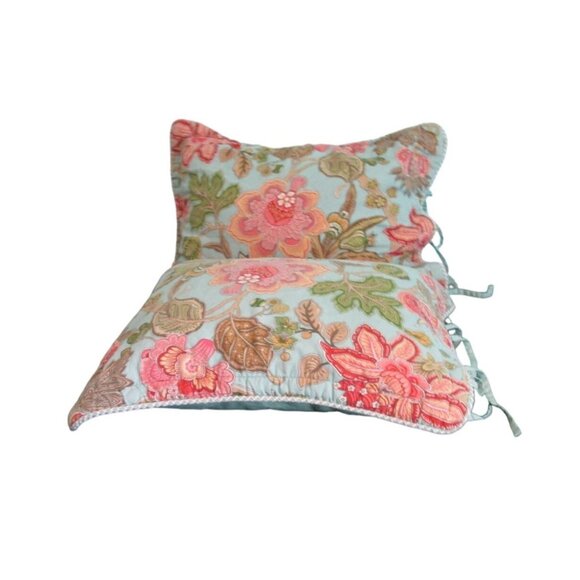Vintage Floral Pillow Shams With Tie Closure Cotton Green Pink Standard GUC - Picture 1 of 15